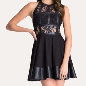 Bebe Black Lace and Faux Leather Banded Mini Dress T-strap back 8